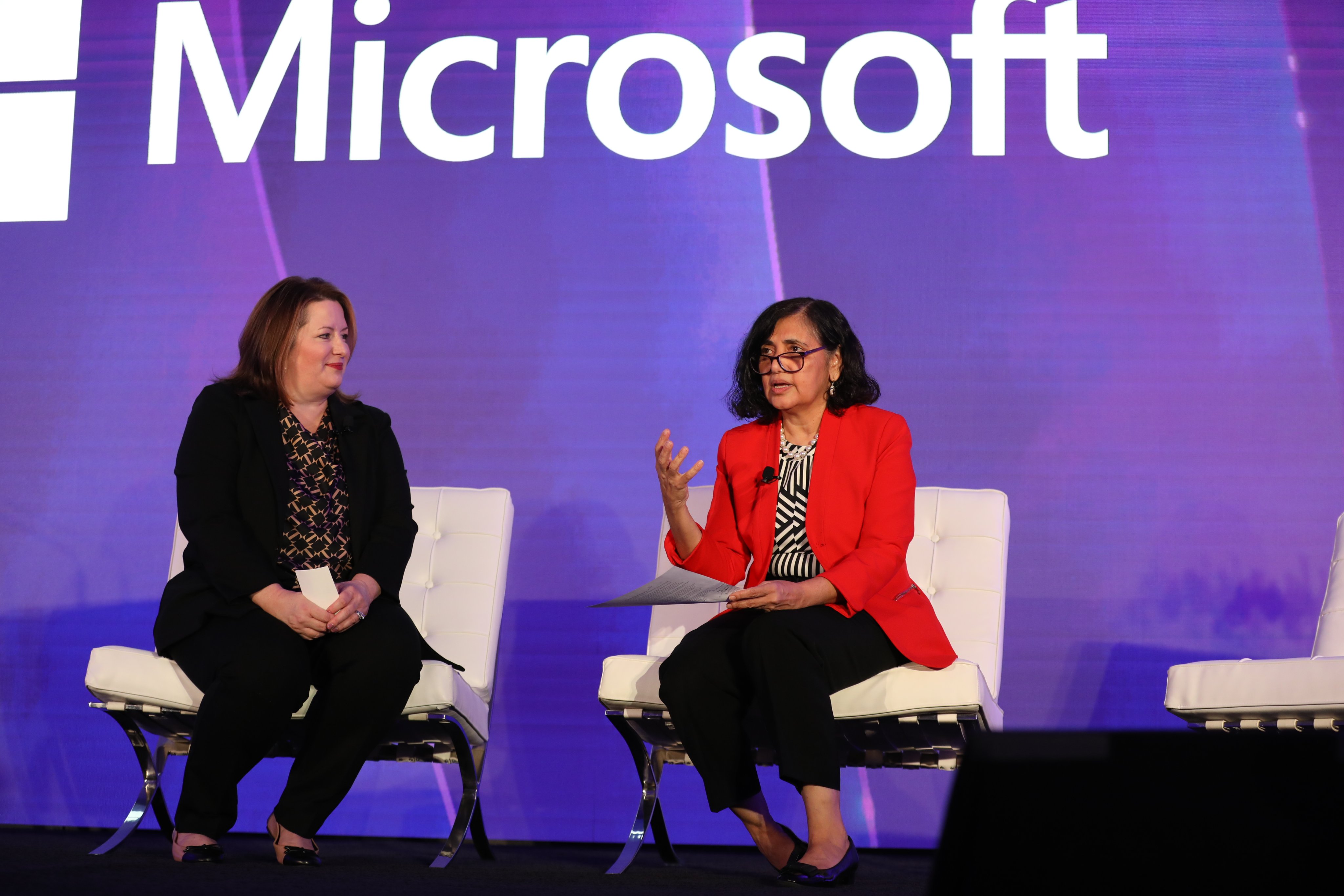 USPS CIO Pritha Mehra is interviewed by Microsoft's Heidi Kobylski on Nov. 1, 2023, in Arlington, Va