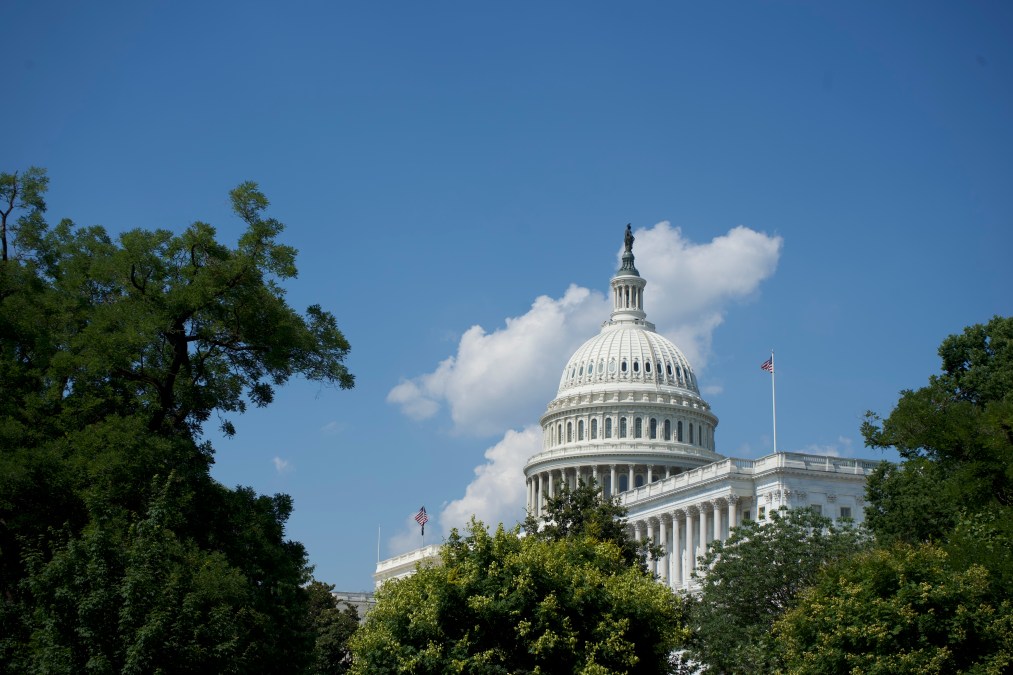 The dome of the U.S. Capitol is pictured on a sunny day with trees in the foreground.