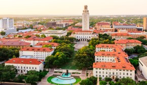 Aerial view of the University of Texas at Austin at sunset.