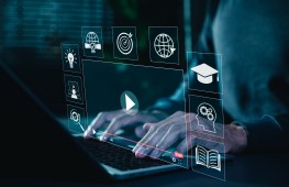 Person use laptop with icons representing online education, learning, knowledge sharing, educational tools, training, webinar on internet, digital courses,