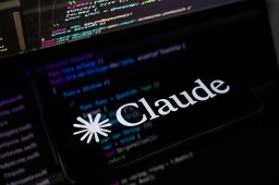 The Claude AI logo is displayed on the screen of a smartphone placed on a reflective surface onto which lines of computer code are projected.