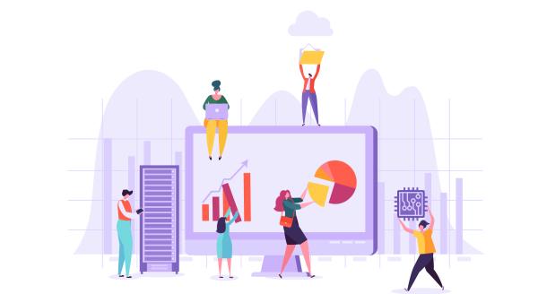 Illustration of workers being productive using technology.
