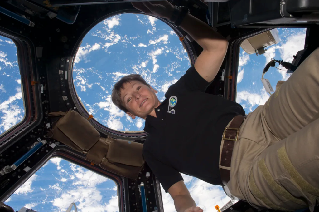 Whitson floats in front of a circle of window panes on the ISS. The blue of Earth's atmosphere speckled with white clouds is seen behind her.