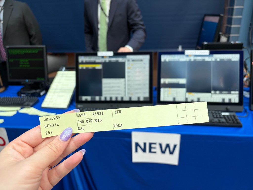 Paper flight strips shown during the Department of Transportation's Modern Skies Summit on April 21, 2026, at the DOT headquarters in Washington, D.C.