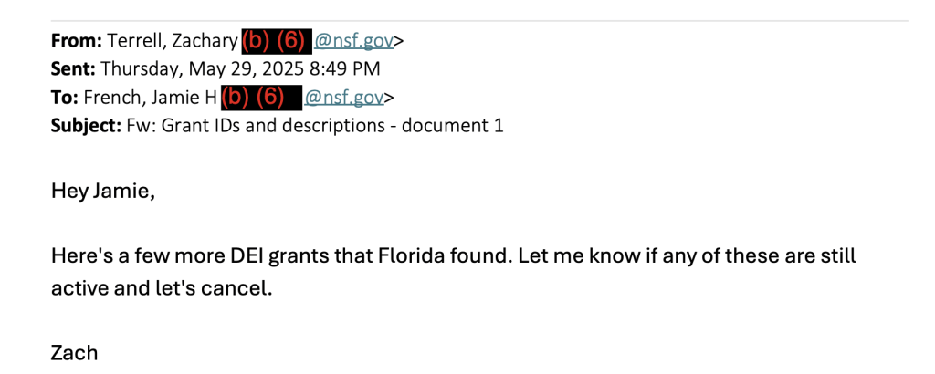 The image shows a May 29, 2025, email from Terrell to French stating: "Here’s a few more DEI grants that Florida found. Let me know if any of these are still active and let’s cancel."