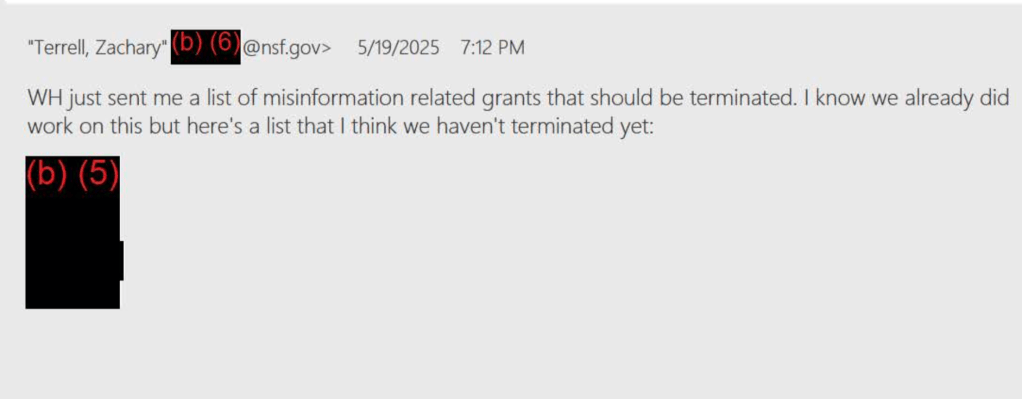 Image shows the May 19, 2025 message from Terrell indicating that the White House had shared misinformation related grants.