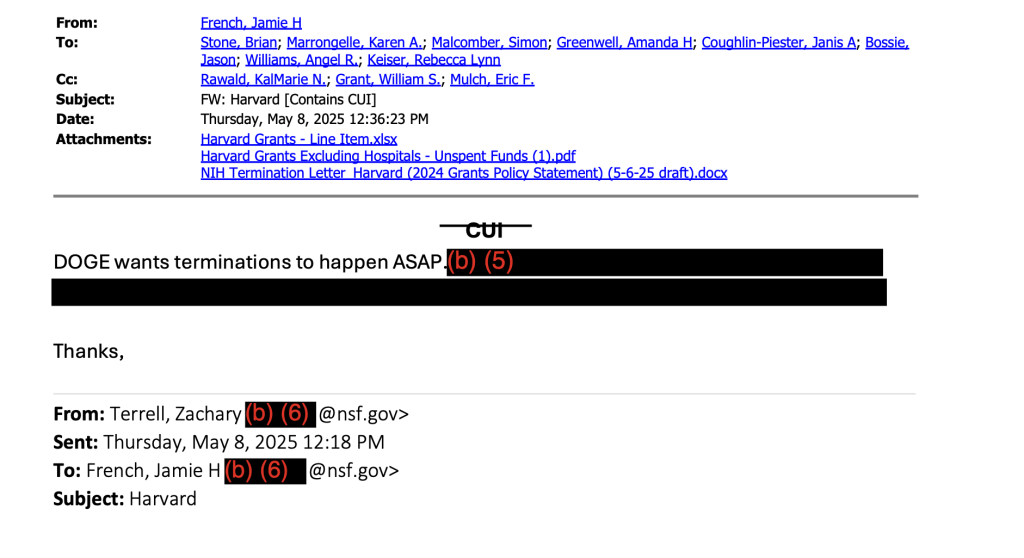 The image shows a May 8, 2025, from French stating that "DOGE wants terminations to happen ASAP" when she forwarded Terrell's "Harvard" email. The email itself is labeled CUI, which means controlled unclassified information, but that has been crossed out. A "(b) (5)" blocks the rest of French's message.